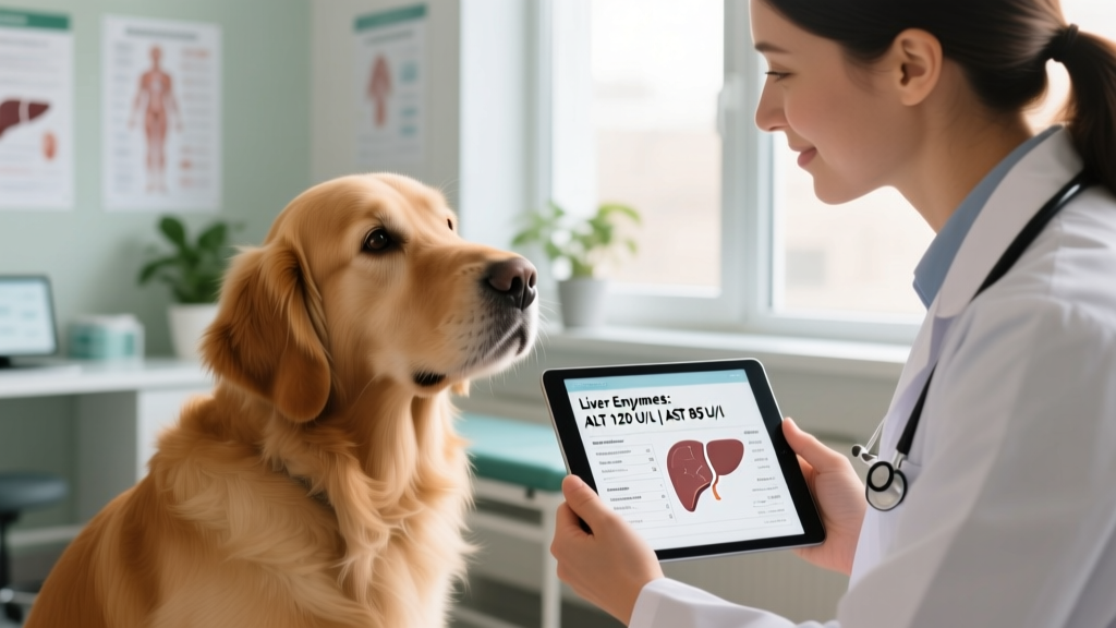 Veterinarian gently examining a dog while reviewing lab results on a tablet, representing collaborative, evidence-based care