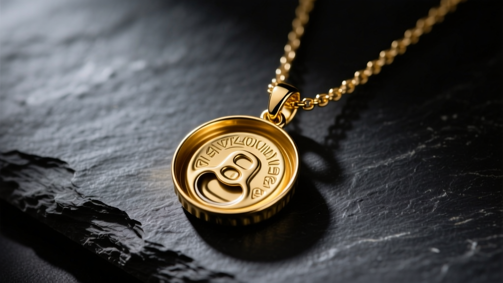 Macro shot of a 14k gold soda tab pendant on a box chain, resting on dark slate under moody, directional studio lighting.