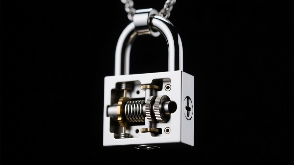Close-up of a steel functional lock pendant with a micro-pin tumbler mechanism, illuminated by cool directional studio lighting.
