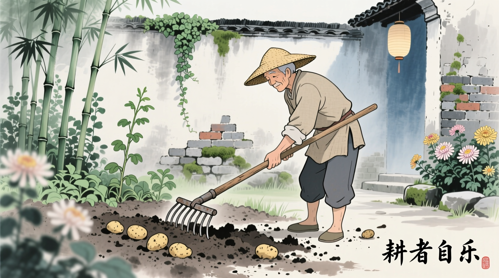 Gardener using traditional potato rake in backyard garden