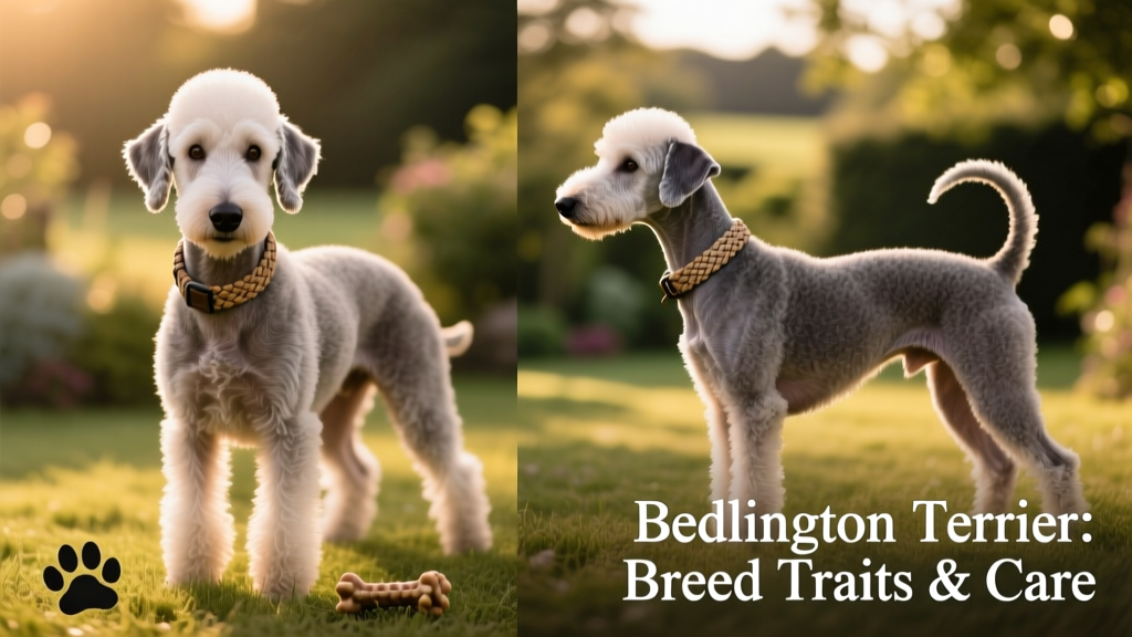 Side-by-side comparison showing the Bedlington terrier’s distinctive pear-shaped head and arched back posture
