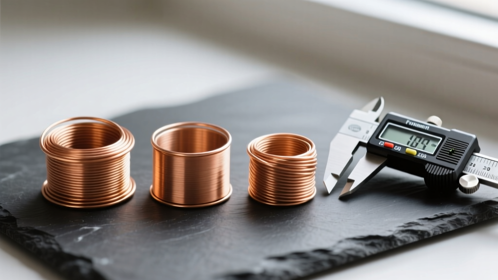 Macro shot of 20, 24, and 28-gauge copper wire coils on dark slate next to digital calipers, highlighting thickness differences.