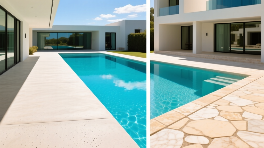 Split-view of a broom-finished poured concrete pool deck and tumbled travertine pavers surrounding a bright blue swimming pool on a sunny day