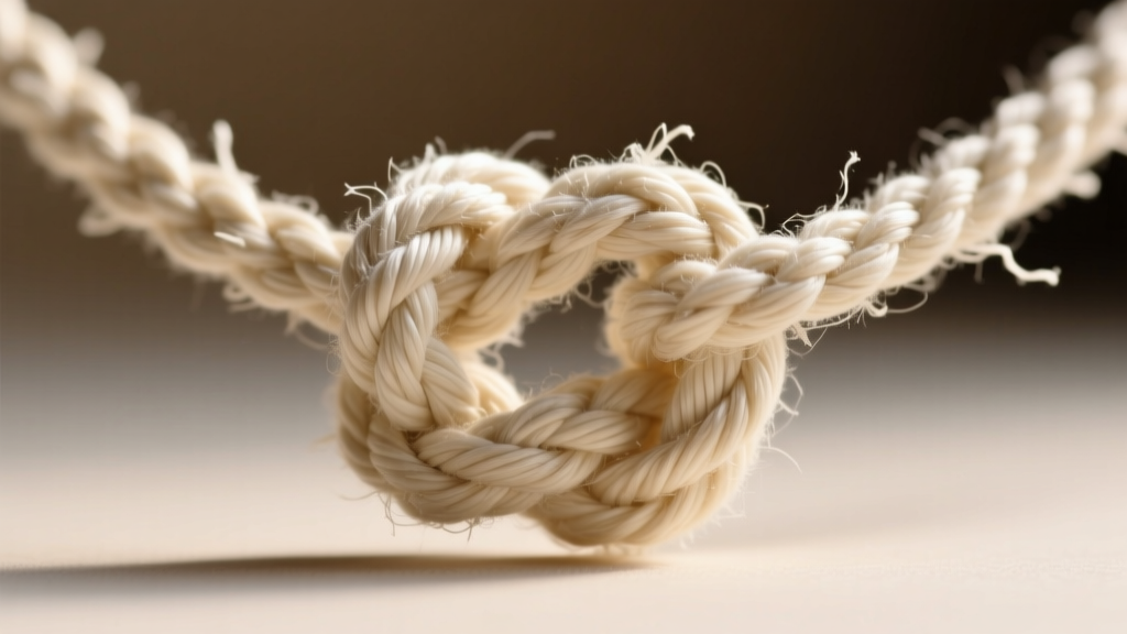 Macro shot of a stiff sliding square knot on a waxed cotton macrame necklace showing excess fiber buildup and tight tension.