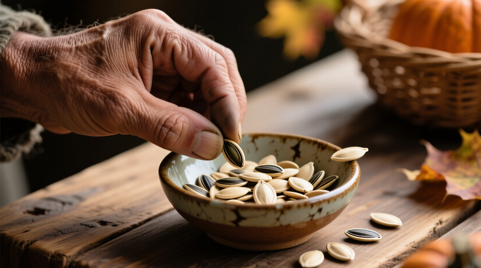 Hand measuring pumpkin seeds in a small bowl