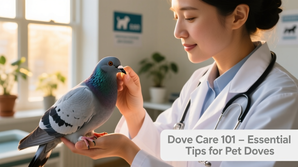 A veterinarian gently examining a dove’s beak and feathers during a routine checkup