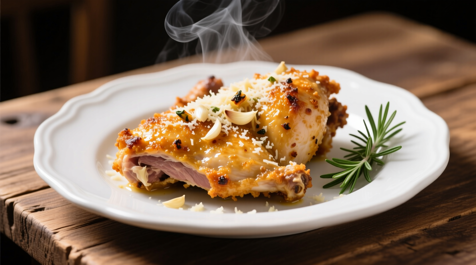 Crispy garlic parmesan chicken on white plate