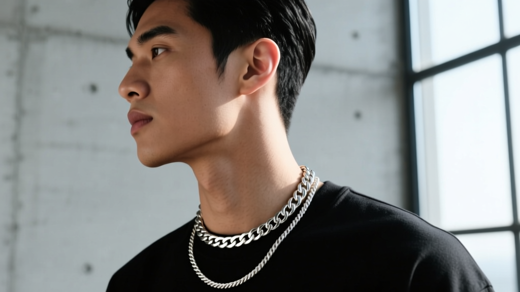 Side profile of a man wearing layered streetwear necklaces, featuring a 10mm Figaro chain and a 5mm rope chain in white gold.