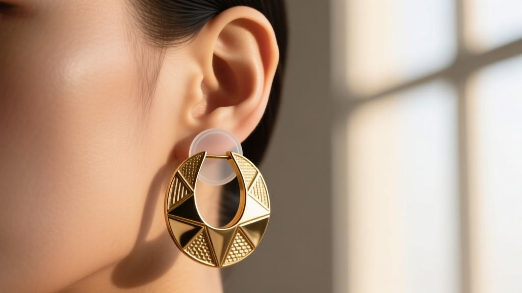 Close-up of an earlobe wearing a heavy brass statement earring supported by a clear silicone backing patch, soft natural light