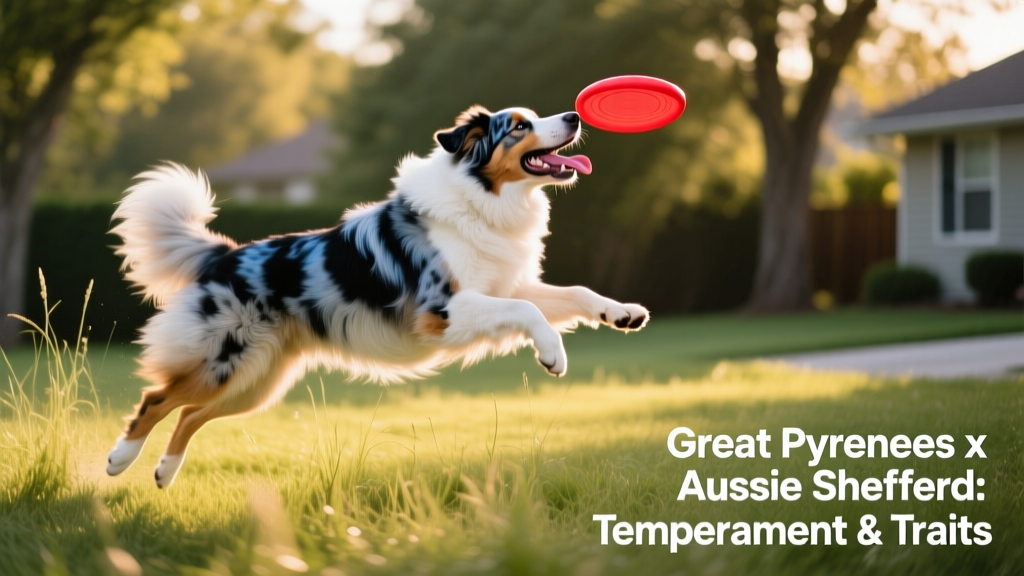 A Great Pyrenees Australian Shepherd mix playing fetch in a grassy yard, showcasing its athleticism and joyful expression