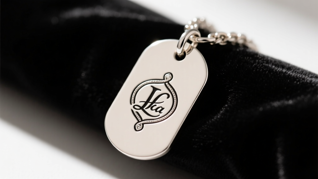 Close-up of a polished sterling silver charm bracelet tag featuring a deeply laser-engraved cute jewelry business logo on velvet