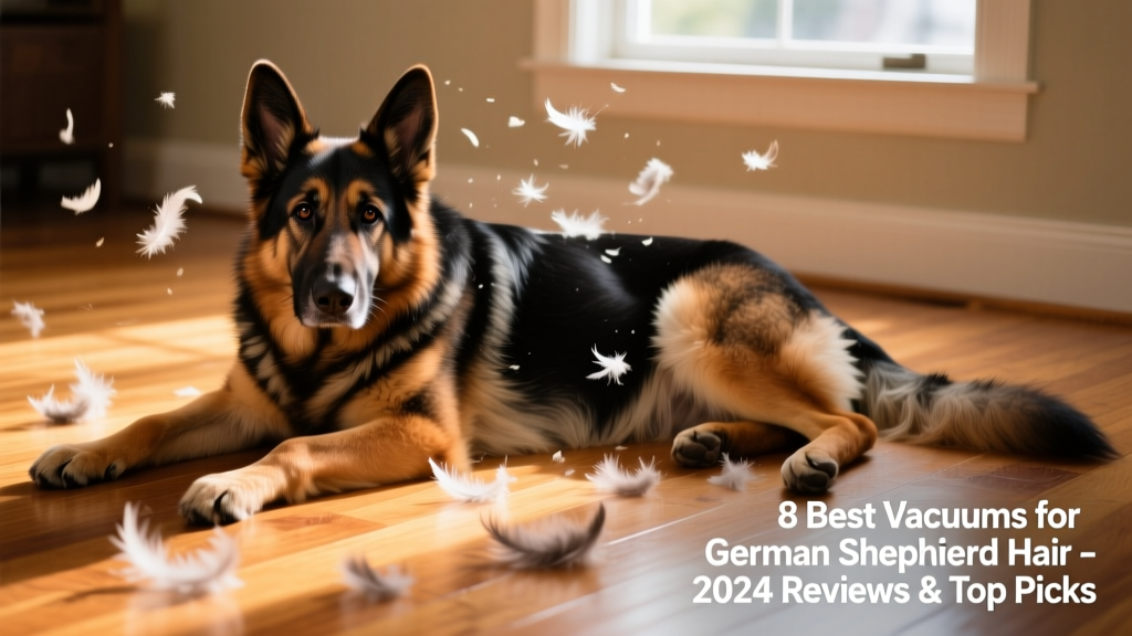 A German Shepherd lying on a sunlit hardwood floor with loose fur scattered nearby, illustrating the scale of shedding