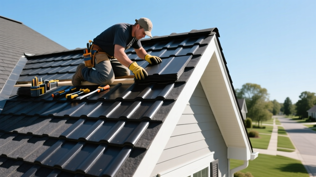 Contractor installing dark charcoal architectural asphalt shingles on a steep pitched residential roof under clear blue skies