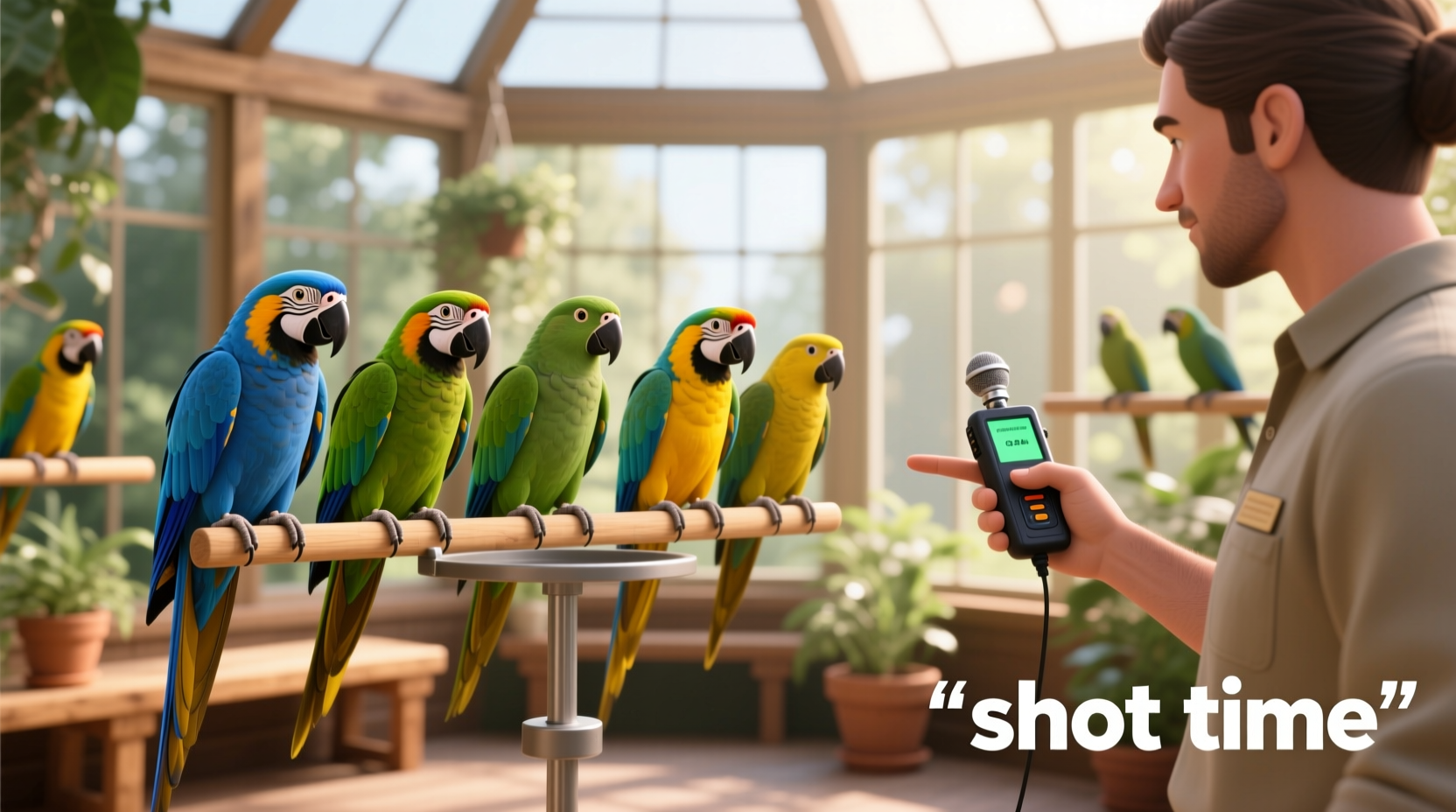training parrots not to mimic 'shot time' during gatherings