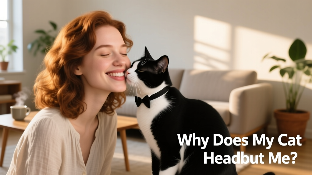 A woman smiling as her cat gently headbutts her cheek