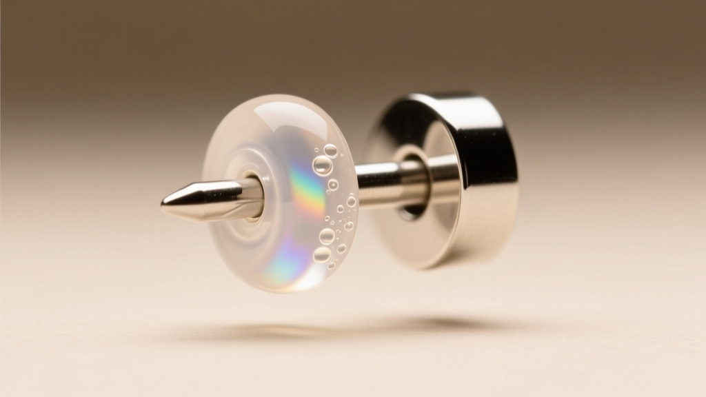 Macro shot of clear silicone earring stopper sliding onto a 20-gauge sterling silver post under soft, warm studio lighting.