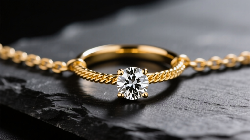 A delicate 14k yellow gold rope chain threading through a vintage diamond engagement ring, resting on a dark slate surface with soft studio lighting