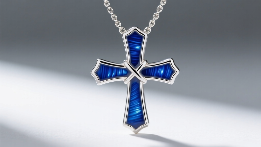 Sterling silver 4 way cross necklace with blue vitreous enamel inlay, showing the glass-to-metal bond under high magnification.