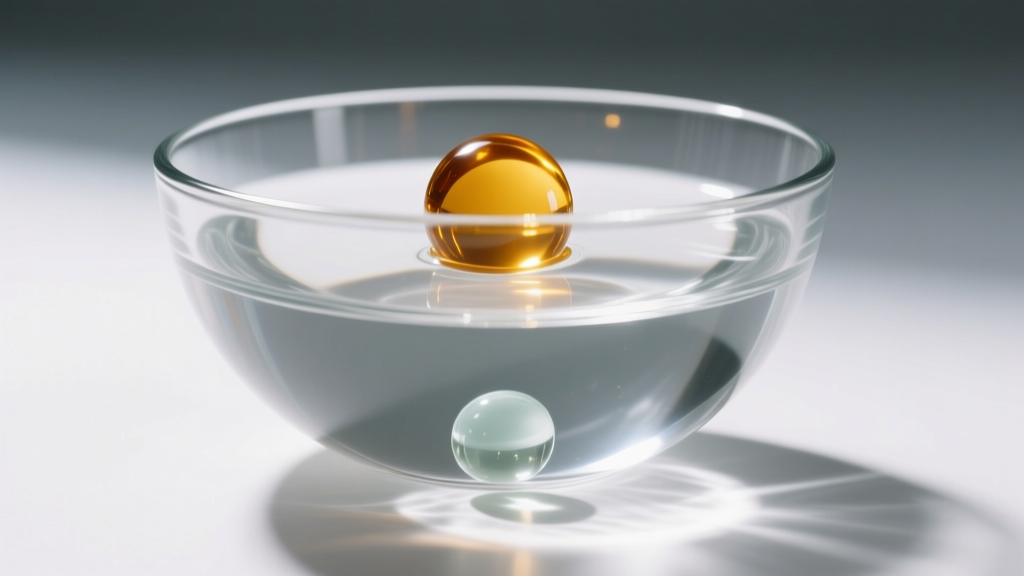Glass bowl of saltwater showing a floating butterscotch amber bead next to a sunken glass bead under bright studio lighting.