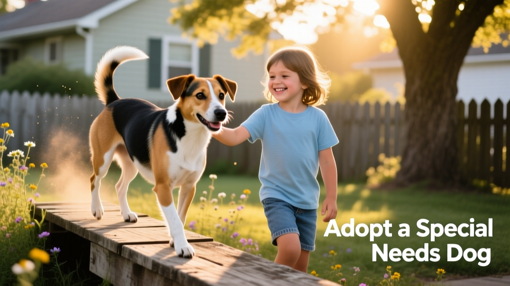 A three-legged terrier mix confidently walking up a low wooden ramp beside a smiling child, both bathed in golden afternoon light