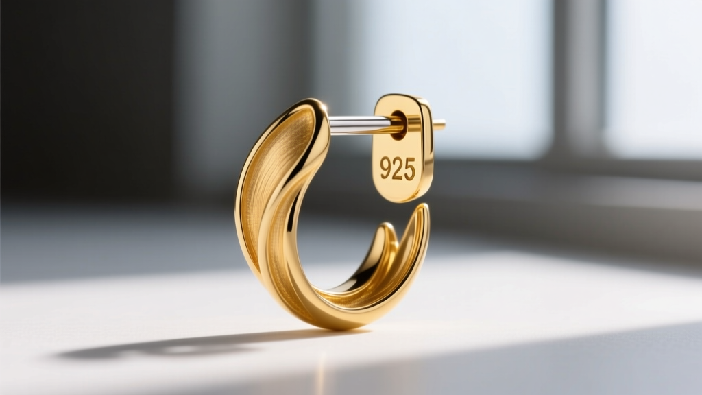 Macro photography of a 14k gold vermeil sculptural earring post, showing the 925 sterling silver hallmark stamped on the back.