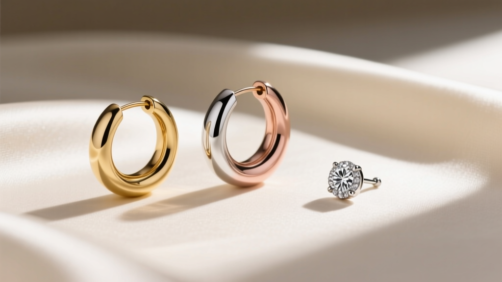 Flat lay of three individual cartilage hoops and single stud earrings from luxury brands, arranged neatly on cream silk fabric.