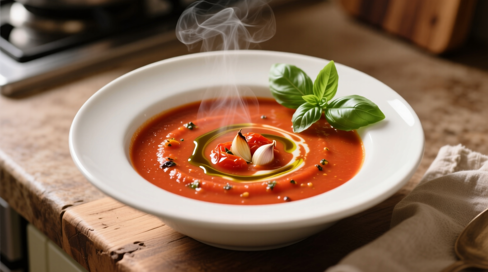 roasted tomato soup in white bowl