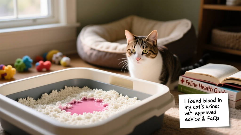 Close-up of a cat's litter box showing pink-tinged urine on white clumping litter