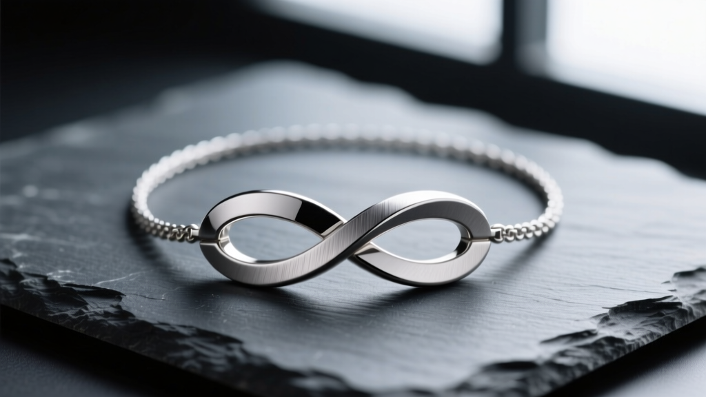 Macro shot of a brushed titanium mens infinity necklace on slate, showing the precision-milled crossover loop and matte finish
