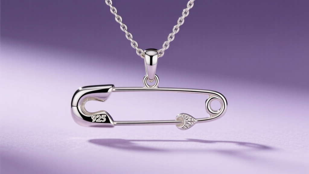 Close-up of a polished 925 sterling silver safety pin pendant on a delicate 1.2mm cable chain against a soft lavender background