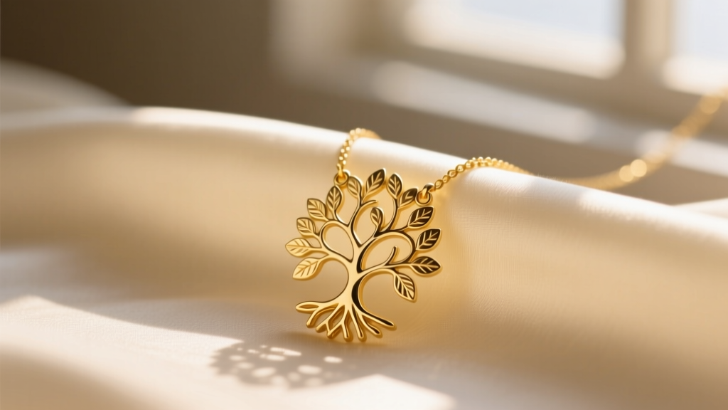 Close-up of a 14k yellow gold family tree pendant necklace resting on cream silk fabric, illuminated by warm, natural window lighting.
