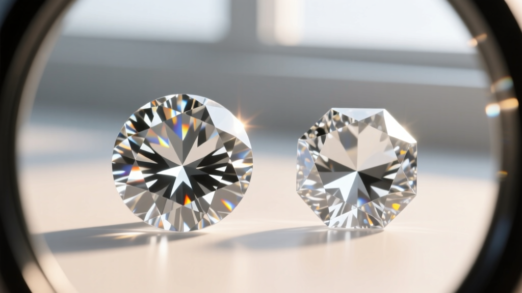 Macro shot of a diamond and cubic zirconia under a loupe, highlighting sharp facet edges, clarity, and bright light return.