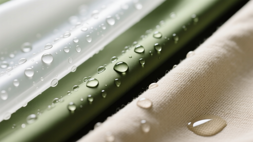 Close-up of translucent white DCF, olive green silnylon, and thick beige cotton canvas tent fabrics with water beading on each surface