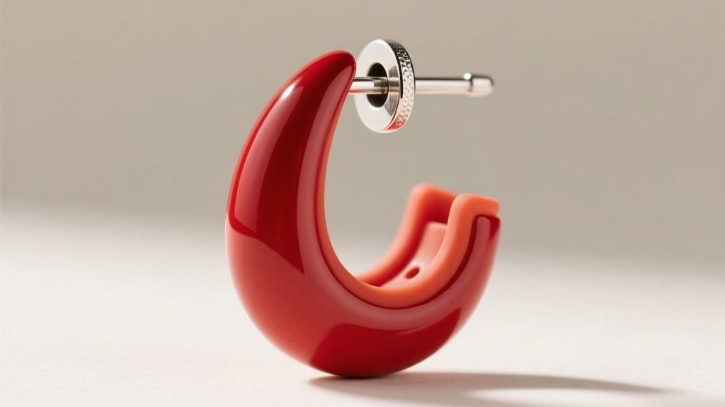 Close-up of a large red enamel drop earring secured by a wide silicone jumbo backing, highlighting the thick 18-gauge post.