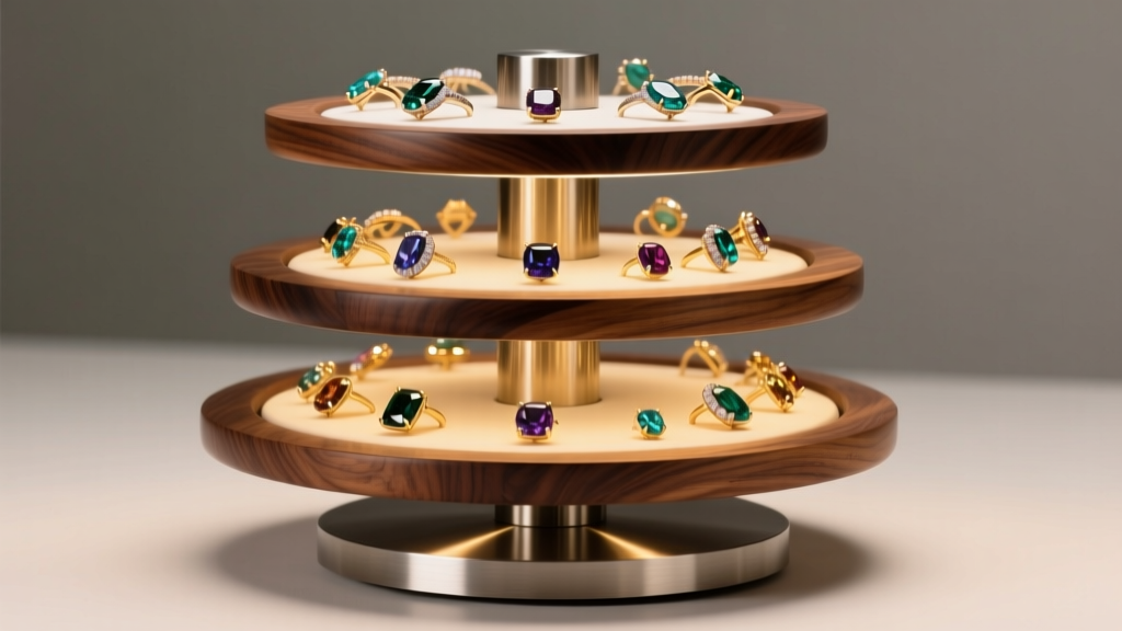 Three-tiered spinning jewelry display of polished walnut wood on a brushed steel base, illuminated by warm studio lighting