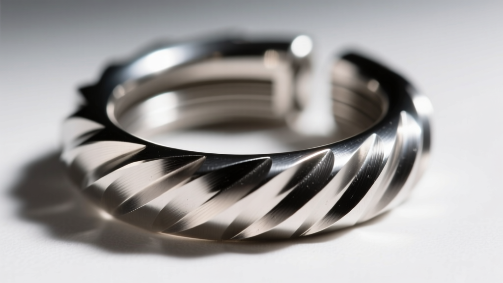 Close-up of a 16-gauge internally threaded cartilage hoop mechanism showing precise machined metal grooves under bright lighting.