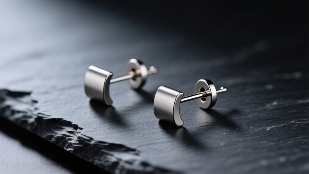 Titanium earring threaders with matte finish on dark slate, highlighting the smooth hypoallergenic metal surface texture and post