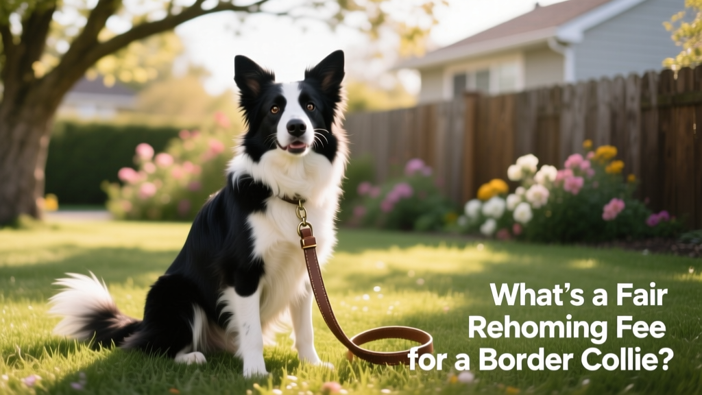 A friendly, energetic Border Collie sitting attentively on grass with a leash nearby