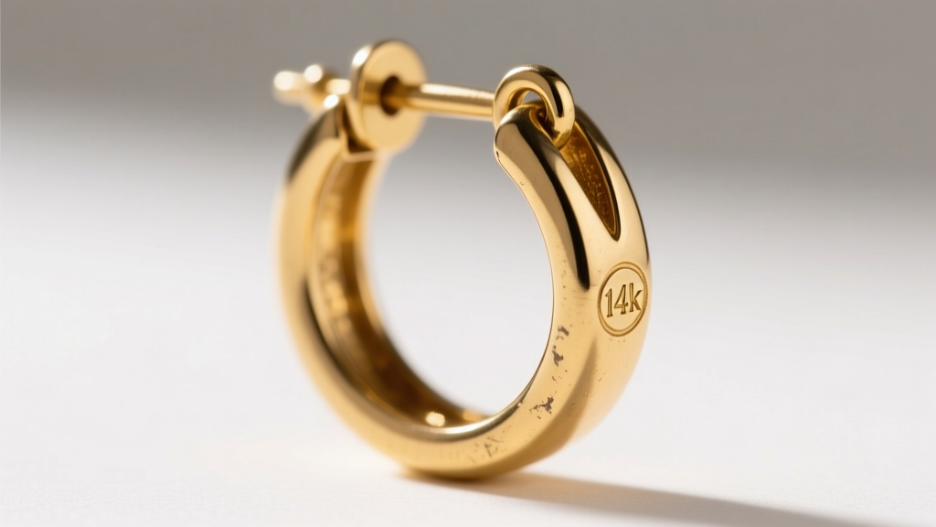 Macro shot of a vintage 1980s gold hoop earring V-latch clasp, showing the secure locking groove and 14k hallmark stamp on the post
