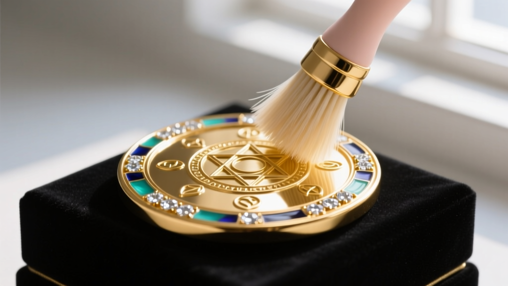 Soft-bristled baby hair brush gently cleaning the vitreous enamel and diamond pavé surface of a large gold talismanic medallion