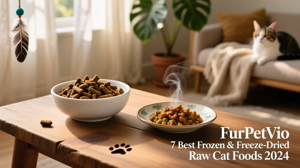 A bowl of FurPetVo freeze-dried morsels next to a small dish of rehydrated food, showing texture contrast