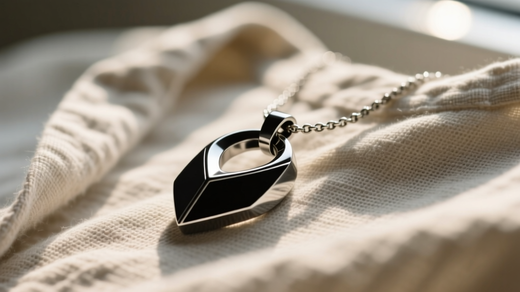 Close-up of a matte black 316L stainless steel breathing necklace pendant resting on a textured linen shirt, soft morning light.