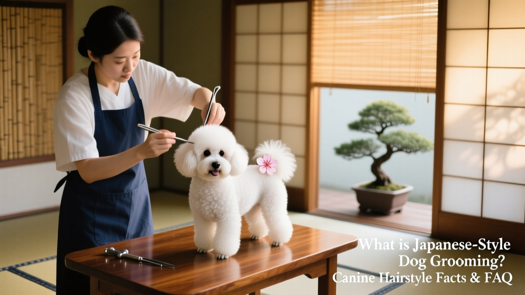 a pet groomer with a white Maltipoo dog on a table