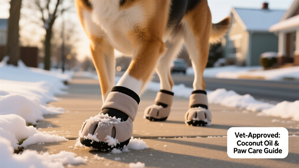 Dog wearing soft, breathable paw booties on a snowy sidewalk