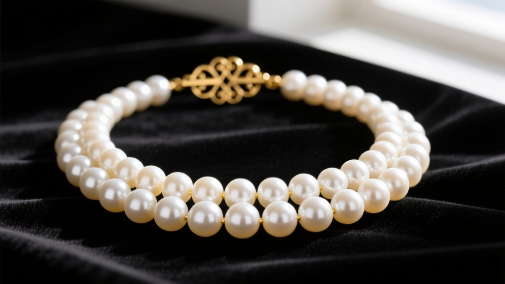 Close-up of a necklace 2-strand design featuring creamy white Akoya pearls and an 18k yellow gold clasp resting on dark velvet.