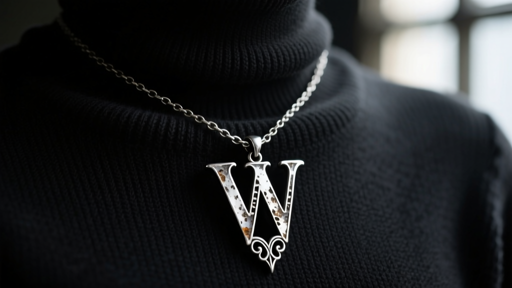 Macro shot of an oxidized sterling silver Wednesday Addams necklace with a gothic W pendant on a dark black turtleneck sweater.