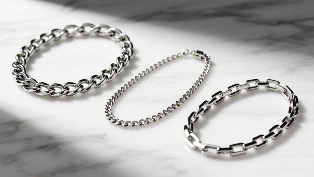 Three flat chain necklaces on white marble: a tight Cuban link, a classic curb chain, and a patterned Figaro link style.