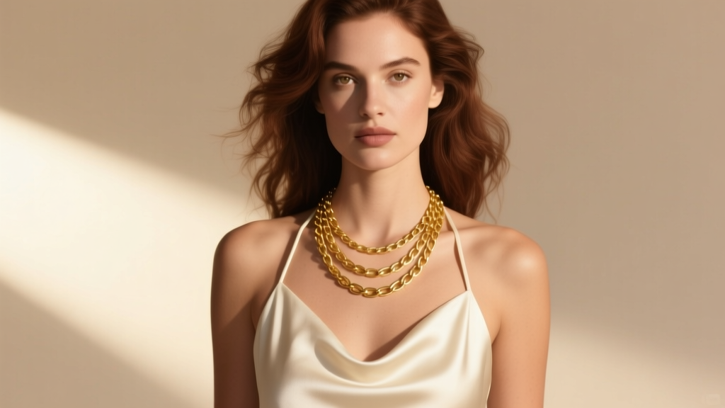 Woman in silk halter top wearing an 18-inch gold lariat necklace, photographed in natural sunlight against a soft neutral backdrop