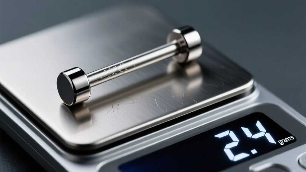 Macro shot of a 16-gauge titanium barbell resting on a digital jewelry scale showing 2.4 grams against a dark slate background