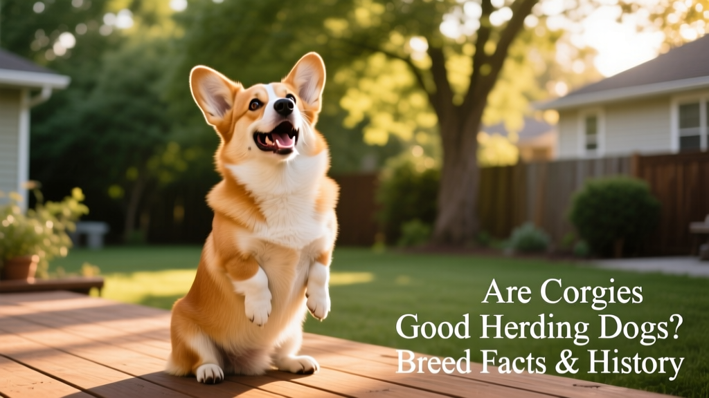 A smiling Corgi sitting upright with ears perked, mid-bark, in a sunlit backyard